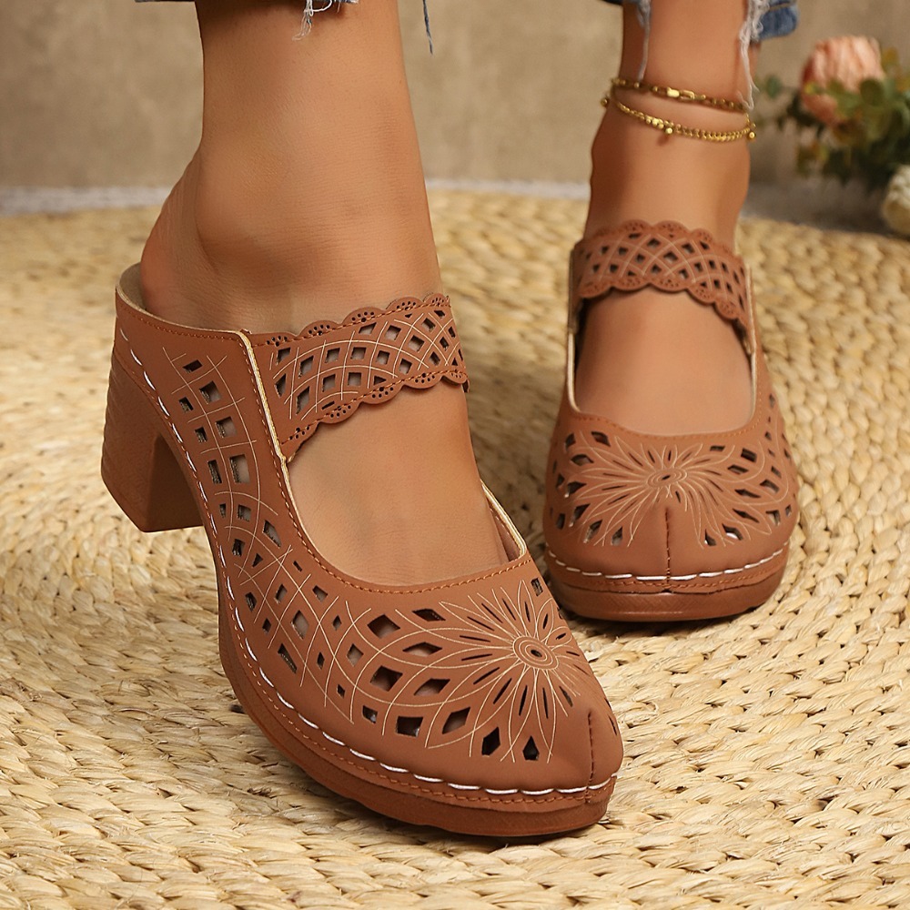 Vintage Fashion Dresses - Sandálias Mules Femininas com Recortes Vazados,